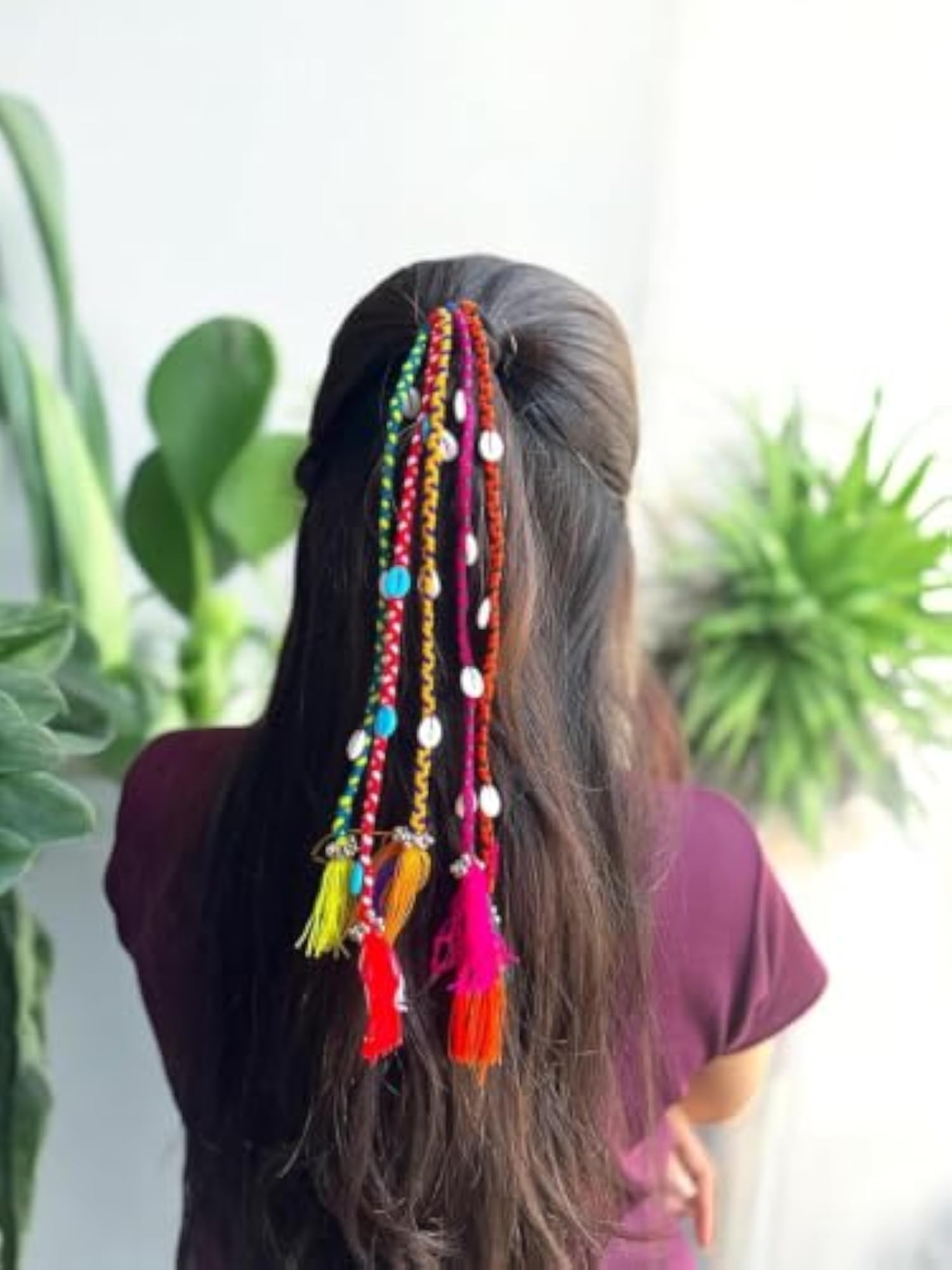 Navratri Multicolour Rainbow Braided Hair Extensions, Gift for Girls